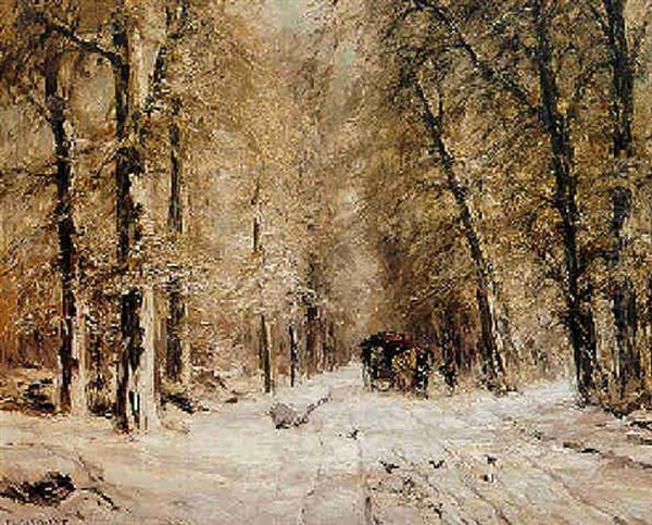 A Snowy Lane With A Horse Drawn Cart Oil Painting by Louis Apol