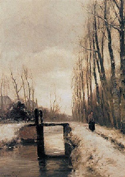 A Winter Landscape With A Figure On A Path Oil Painting by Louis Apol