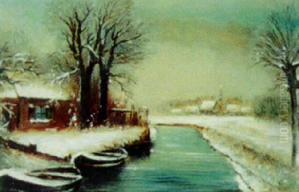 Hollandsk By I Vinterskrud Oil Painting by Louis Apol