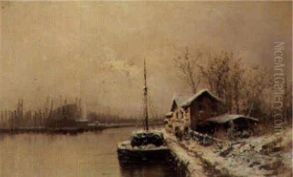 A Frozen Winter Landscape Oil Painting by Louis Apol