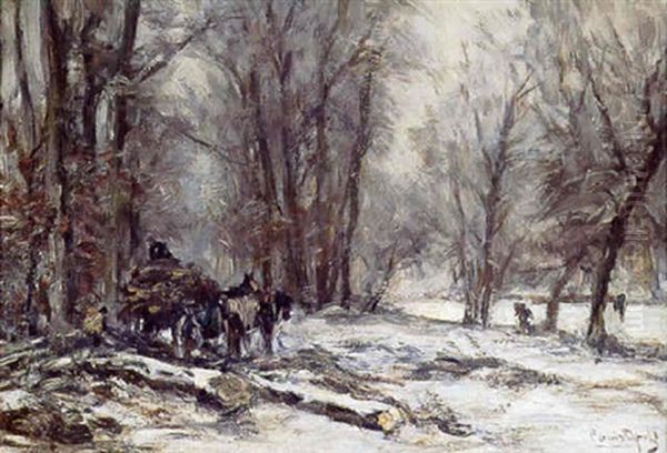 Woodgatherers At Work In A Forest In Winter Oil Painting by Louis Apol