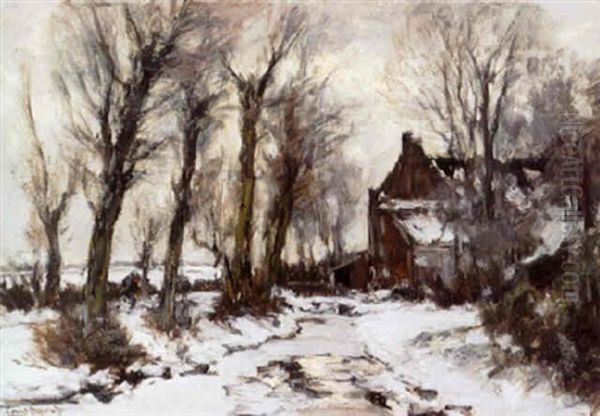 A Winter Landscape With Figures On A Snowy Path Along A Ditch, A Farmhouse Beyond Oil Painting by Louis Apol