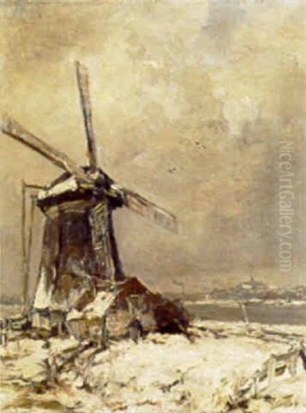 A Mill In Winter Landscape Oil Painting by Louis Apol