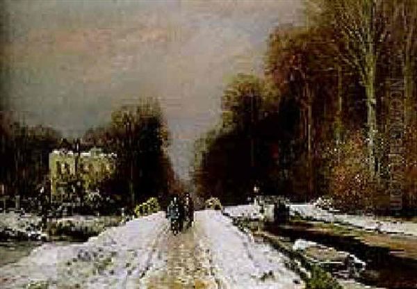 A Winter Landscape With A Peasant And Horses On A Snowy Path Along A Mansion Oil Painting by Louis Apol