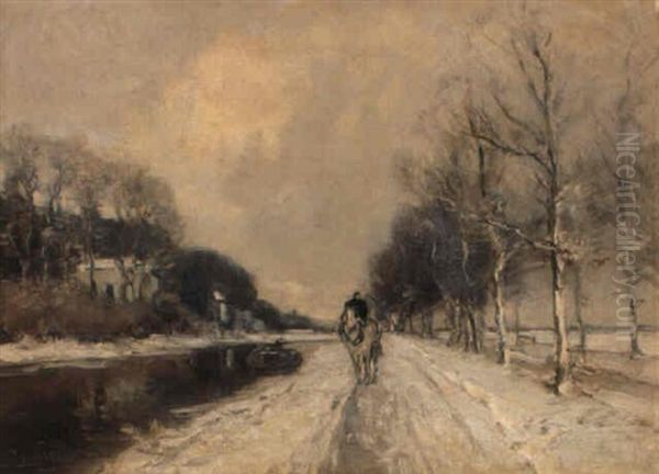 A Towing Horse On A Path Along A Ship Canal Oil Painting by Louis Apol