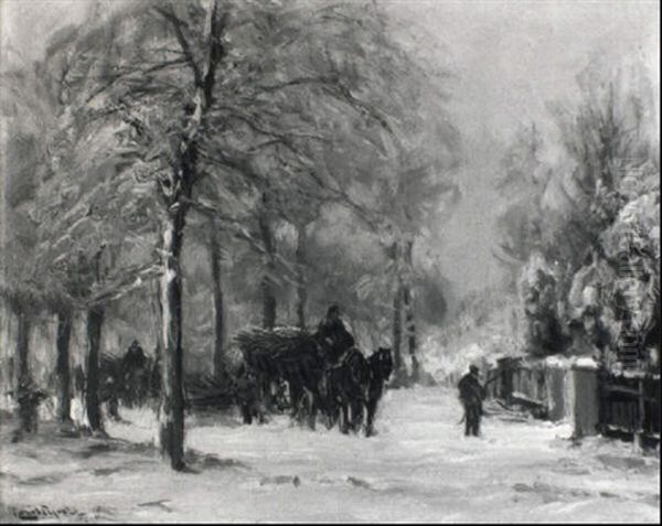 Horse-drawn Carts And Faggot Gatherers In The Snow Oil Painting by Louis Apol