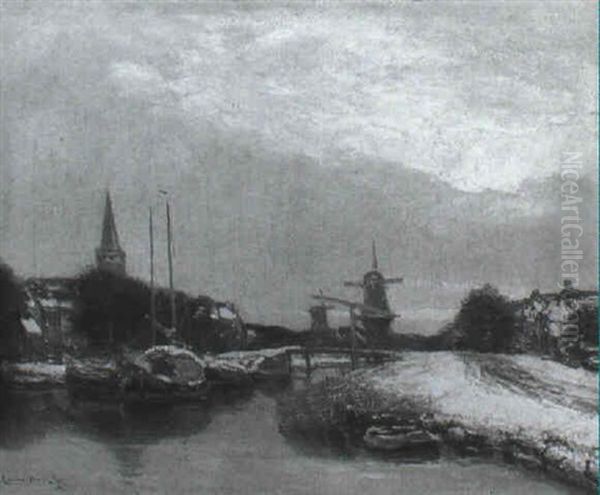 View In A Town In Winter, With Moored Boats In A Canal Oil Painting by Louis Apol