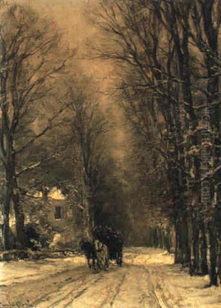 A Wood Transport On A Snowy Path In A Forest Oil Painting by Louis Apol