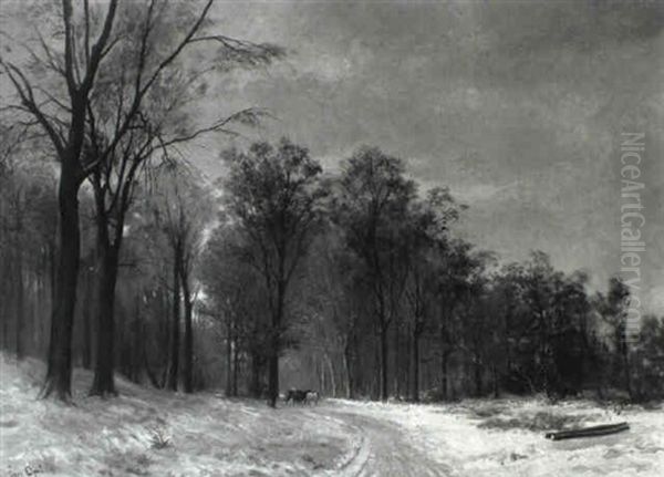 Wooded Winter Landscape With Horse And Carriage On Path Oil Painting by Louis Apol