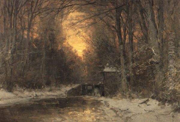 Winters Bosgezicht Met Sluisje Oil Painting by Louis Apol