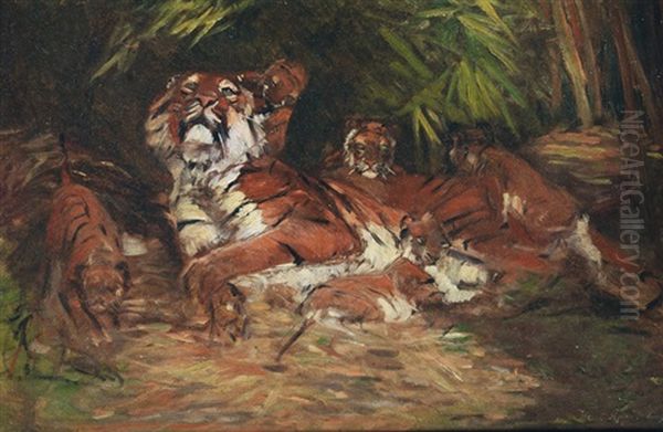 Tigress With Her Offspring Oil Painting by Carl Heinrich Wilhelm Appel