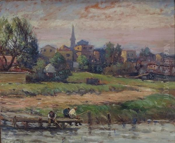 Impressionist View - Waterside Town With Anglers Oil Painting by Charles P. Appel