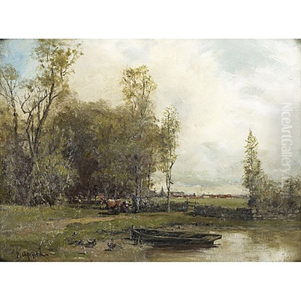 Landscape With Cattle And Rowboat Oil Painting by Charles P. Appel