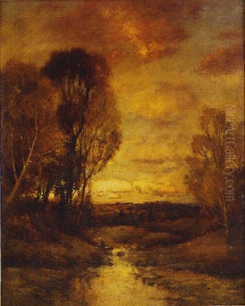 Landscape With A Man In A Boat On A River At Dusk Oil Painting by Charles P. Appel