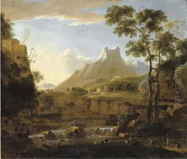 Paesaggio Fluviale Con Pastori E Armenti E Alpi Apuane Sullo Sfondo by Bartholomeus Appelman