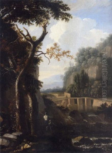 An Italianate Landscape With A Waterfall And Anglers In The Foreground Oil Painting by Bartholomeus Appelman