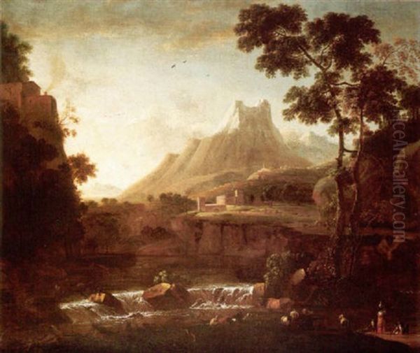 A Mountainous Landscape With Herders Watering Their Animals In The Foreground, A Fortress Beyond Oil Painting by Bartholomeus Appelman