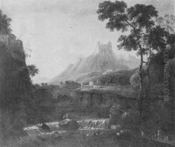 An Italianate Landscape With Milkmaids Watering Their Livestock In The Foreground, A Waterfall, A Castle And Mountains Beyond Oil Painting by Bartholomeus Appelman