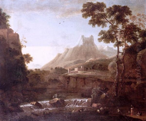 An Italianate Landscape With Milkmaids Watering Their Livestock In The Foreground, A Waterfall, A Castle And Mountains Beyond Oil Painting by Bartholomeus Appelman