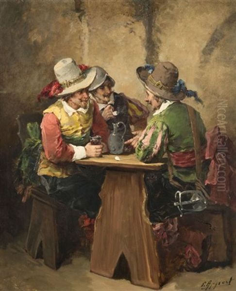 Trois Mousquetaires Attables Et Mousquetaire Seduisant Une Jeune Femme Avec Un Joueur De Fifre (pair) Oil Painting by George Appert