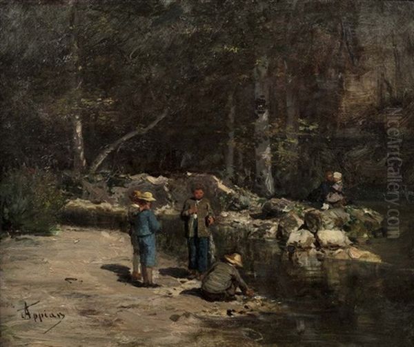 Jeux D'enfants En Bord De Riviere Oil Painting by Adolphe Appian