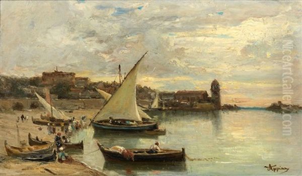 La Plage De Collioure Animee Au Couchant Oil Painting by Adolphe Appian