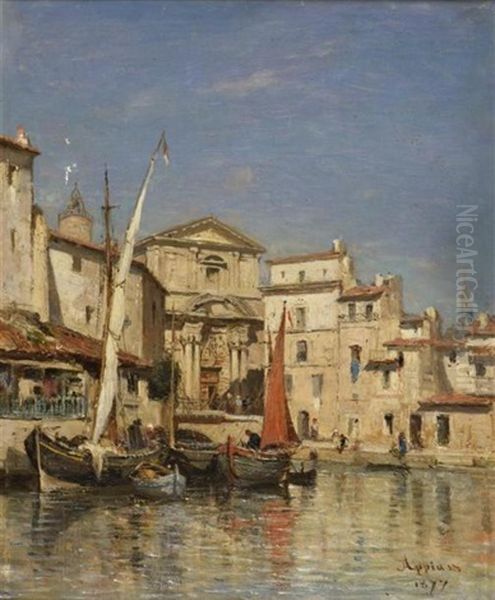 Voiliers Devant Sainte-madeleine De L'ile A Martigues, 1877 Oil Painting by Adolphe Appian