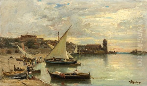 La Plage De Collioure Animee Au Couchant Oil Painting by Adolphe Appian