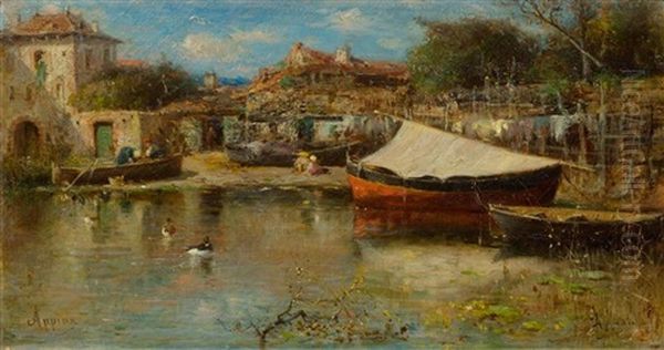 Village On A River Oil Painting by Adolphe Appian