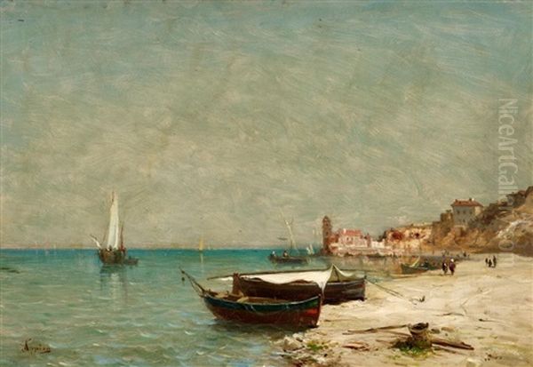 Strandansicht Mit Dorf Oil Painting by Adolphe Appian