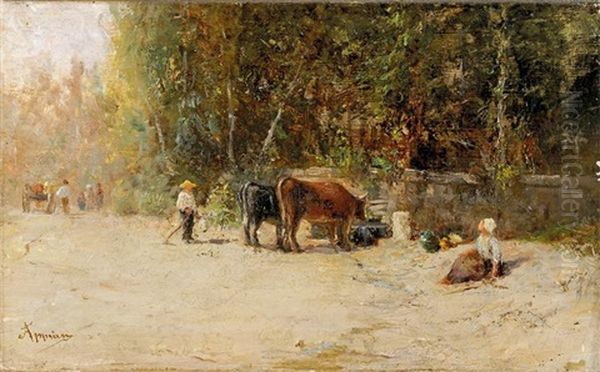 Vacher Surveillant Ses Vaches S'abreuvant A Une Fontaine Oil Painting by Adolphe Appian