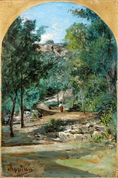 Les Environs De Rix Dans L'ain : Promeneuses Sur Un Chemin Arbore (a Vue Cintree) Oil Painting by Adolphe Appian