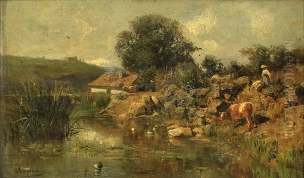 Bord De Riviere Avec Femme Et Vache Oil Painting by Adolphe Appian