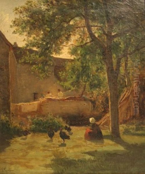 Jeune Fille Assise Sur L'herbe Dans Une Cour De Ferme Oil Painting by Adolphe Appian