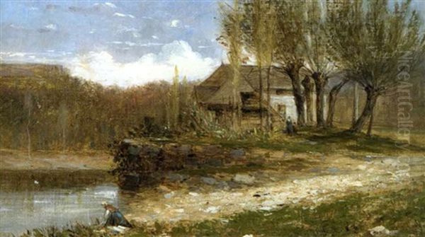 Les Bords Sur Seran, Maison Et Lavandieres Oil Painting by Adolphe Appian