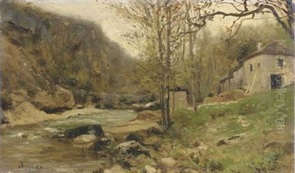 Ferme Au Bord D'un Torrent Dans Le Jura: By A River In A Hilly Landscape Oil Painting by Adolphe Appian