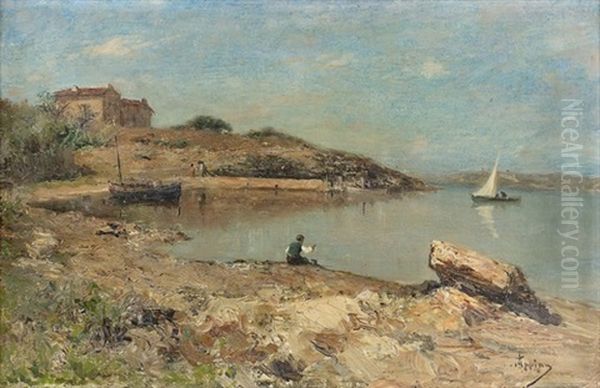 Sommerliche Seeuferpartie Mit Angler Oil Painting by Adolphe Appian