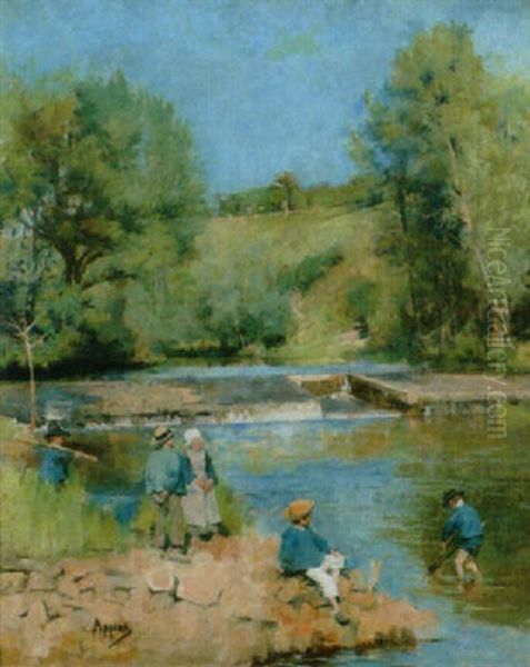 Spielende Bauernkinder Am Flussufer Oil Painting by Adolphe Appian