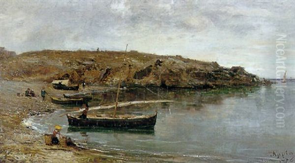 Bateaux Et Enfants Au Bord De La Mer Oil Painting by Adolphe Appian