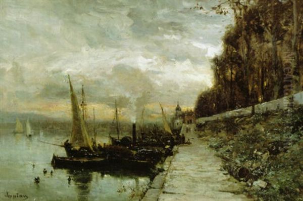 Environs De Lyon (fischerboote Auf Der Rhone, Im Hintergrund Die Silhouette Von Lyon) Oil Painting by Adolphe Appian