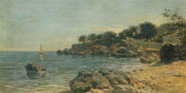 Meereskuste Mit Segelboot Und Haus Hinter Mauern Oil Painting by Adolphe Appian