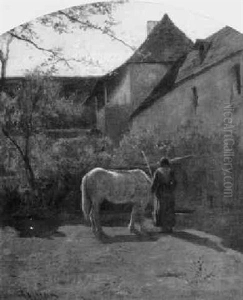 Cheval A L'abreuvoir, Cour De Ferme A Morestel by Adolphe Appian