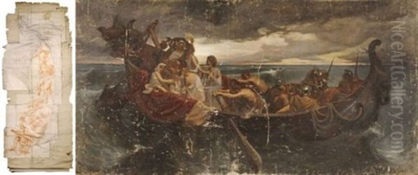 Le Tribut D'athenes Au Minotaure (+ Preparatory Drawing, Sanguine, Smllr; 2 Works) Oil Painting by Louis Appian