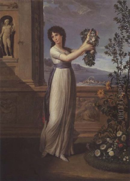 Portrait Of A Lady Holding A Garland Of Flowers, By A Stone Parapet With Classical Reliefs And Statues, A View Of A Bay With The Triumph Of Galatea Beyond by Andrea Appiani