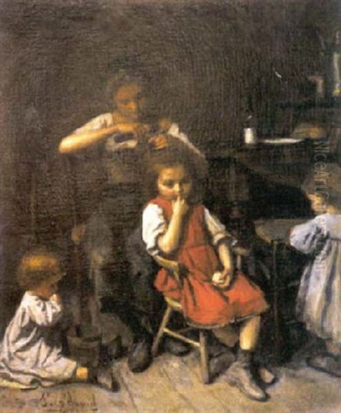 Jeune Mere Et Ses Enfants Attendant Le Retour Du Pere Pour Les Repas Oil Painting by Eduard d' April