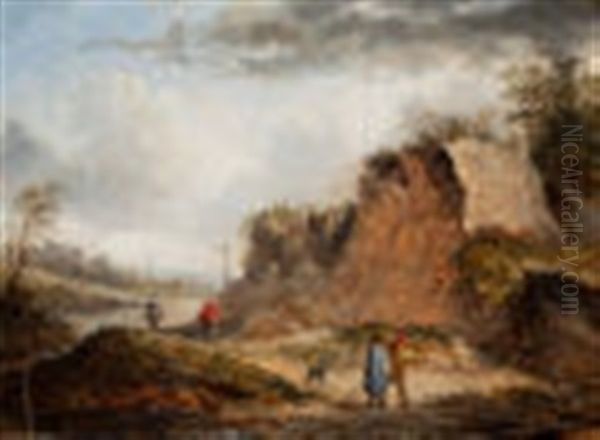 Rocky Landscape With Travelers On A Path And Two Figures Conversing In The Foreground Oil Painting by Thomas Van Apshoven