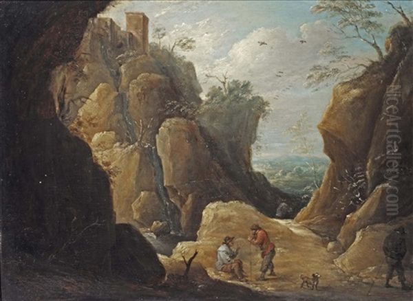 Travellers Resting By A Creek In A Rocky Landscape Oil Painting by Thomas Van Apshoven