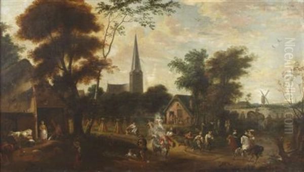 A Busy Village Scene With Carousing Figures And Distant Windmill Oil Painting by Thomas Van Apshoven