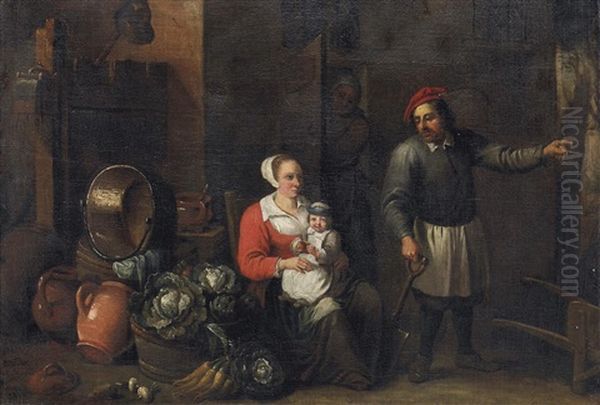 Kucheninterieur. Familie In Der Stube Neben Zahlreichen Topfen, Krugen Und Gemuse Oil Painting by Thomas Van Apshoven