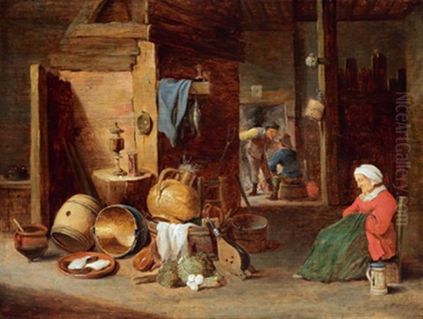 Eine Alte Frau Und Zwei Bauern In Einer Scheune Mit Einem Prachtigen Kuchenstillleben Oil Painting by Thomas Van Apshoven